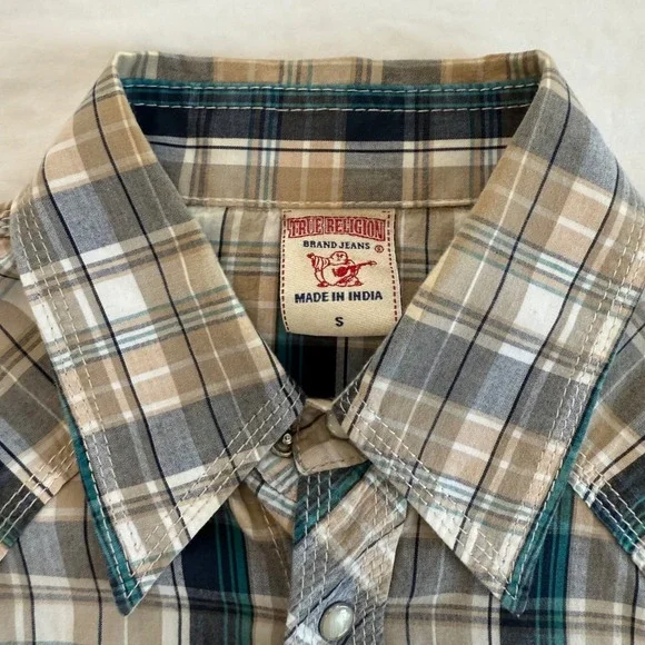 True Religion Western Shirt Mens Small‎ Plaid Long Sleeve Snap Front Casual Y2K - Picture 3 of 5